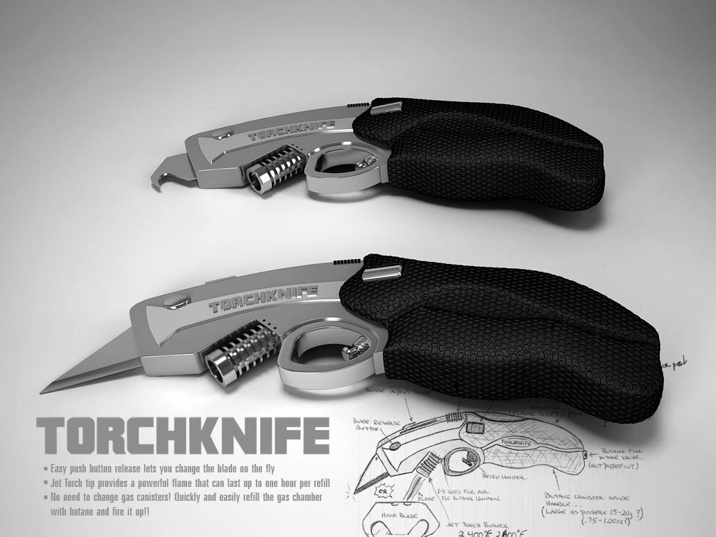 Torchknife, 3D product visual, modelling after a pencil sketch